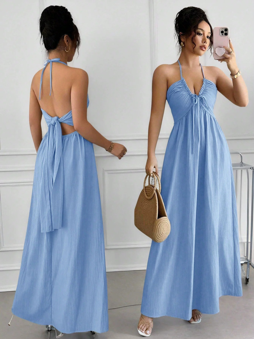 ZARA Summer Halter Neck Backless Maxi Dress Waist Tie Slimming Beach Vacation